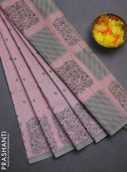 Chappa saree peach pink and grey with allover small zari checked pattern & butta prints and printed border