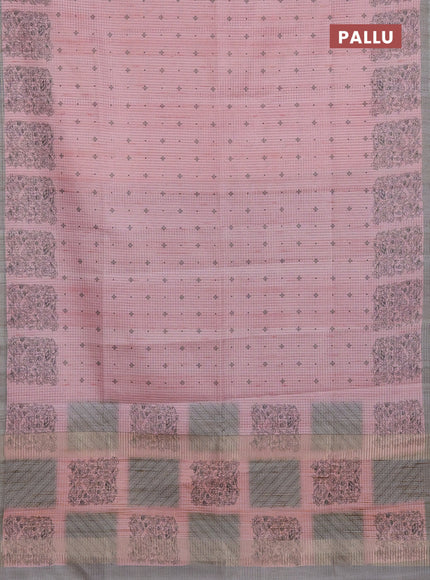 Chappa saree peach pink and grey with allover small zari checked pattern & butta prints and printed border