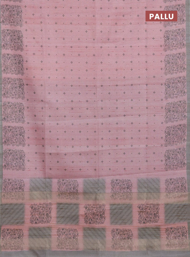 Chappa saree peach pink and grey with allover small zari checked pattern & butta prints and printed border