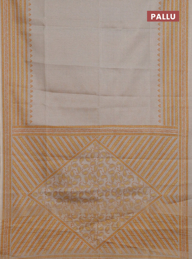 Chappa saree beige and mustard shade with allover small zari checked pattern and printed border
