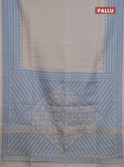 Chappa saree beige and cs blue with allover small zari checked pattern and printed border