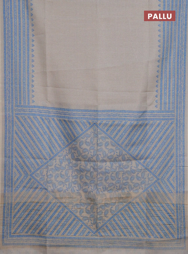 Chappa saree beige and cs blue with allover small zari checked pattern and printed border