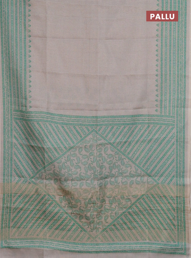 Chappa saree beige and teal green with allover small zari checked pattern and printed border