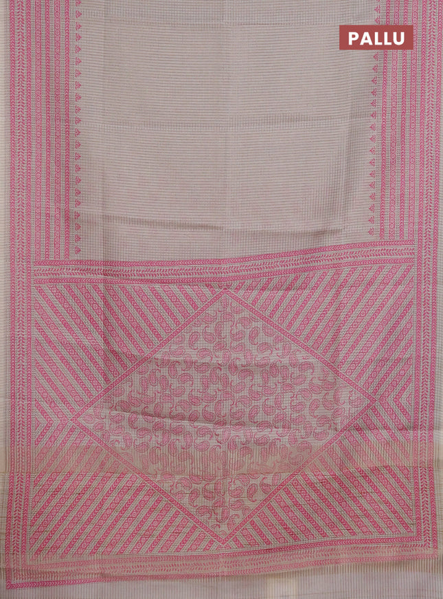 Chappa saree beige and pink with allover small zari checked pattern and printed border