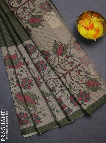 Chappa saree sap green and beige with allover small zari checked pattern and floral digital printed pallu