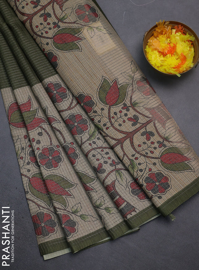 Chappa saree sap green and beige with allover small zari checked pattern and floral digital printed pallu