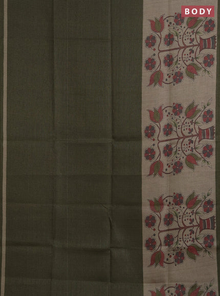 Chappa saree sap green and beige with allover small zari checked pattern and floral digital printed pallu