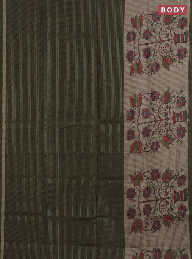 Chappa saree sap green and beige with allover small zari checked pattern and floral digital printed pallu