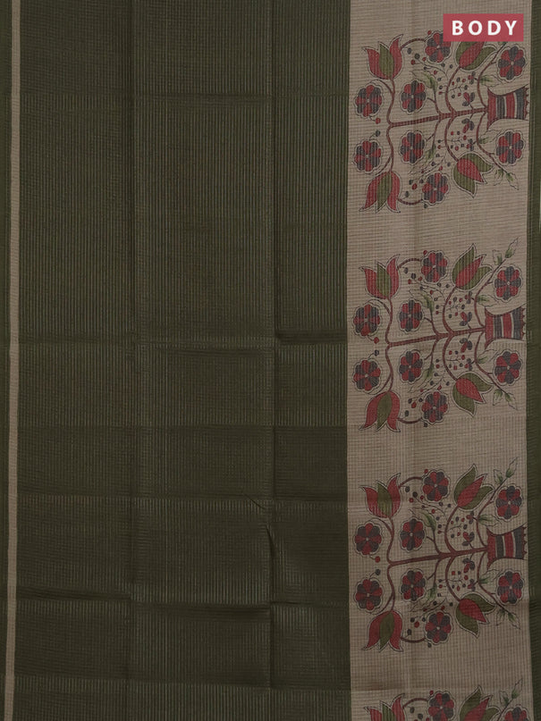 Chappa saree sap green and beige with allover small zari checked pattern and floral digital printed pallu