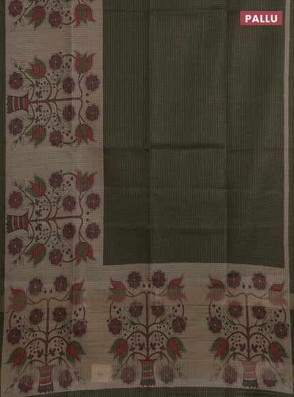 Chappa saree sap green and beige with allover small zari checked pattern and floral digital printed pallu