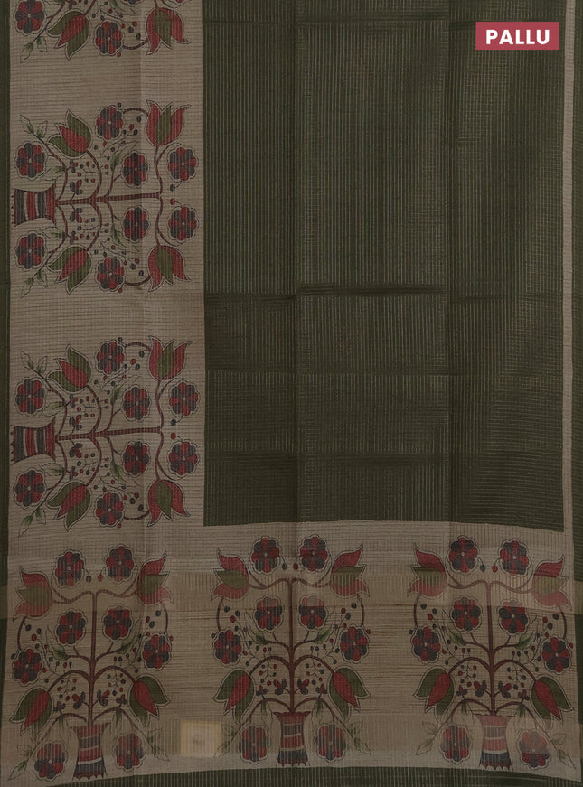 Chappa saree sap green and beige with allover small zari checked pattern and floral digital printed pallu