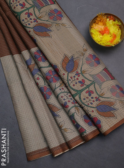 Chappa saree brown and beige with allover small zari checked pattern and floral digital printed pallu