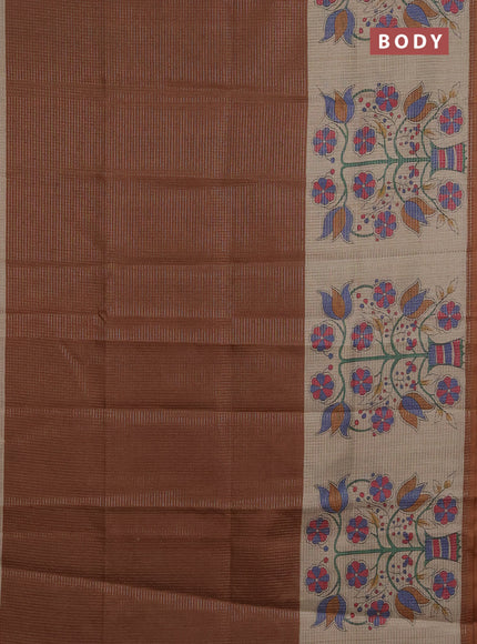 Chappa saree brown and beige with allover small zari checked pattern and floral digital printed pallu