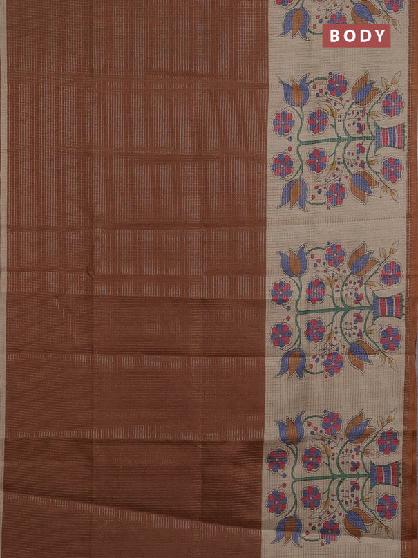 Chappa saree brown and beige with allover small zari checked pattern and floral digital printed pallu