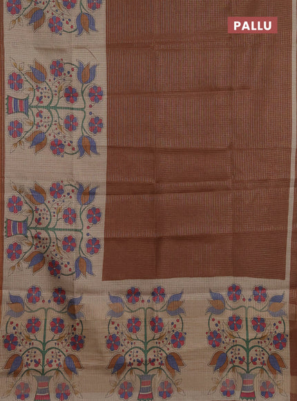 Chappa saree brown and beige with allover small zari checked pattern and floral digital printed pallu