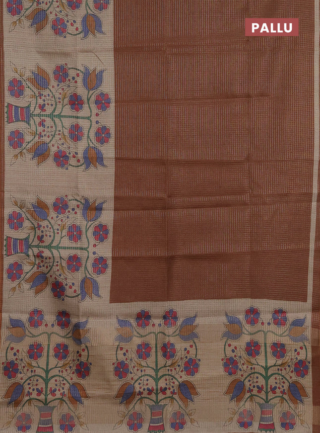 Chappa saree brown and beige with allover small zari checked pattern and floral digital printed pallu