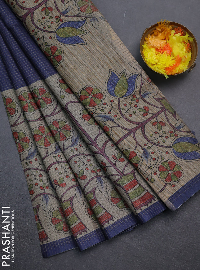 Chappa saree dark blue and beige with allover small zari checked pattern and floral digital printed pallu