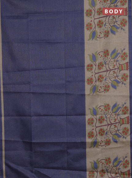 Chappa saree dark blue and beige with allover small zari checked pattern and floral digital printed pallu