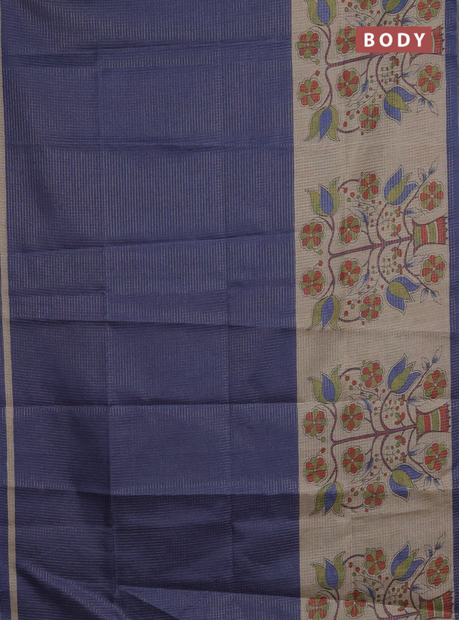 Chappa saree dark blue and beige with allover small zari checked pattern and floral digital printed pallu