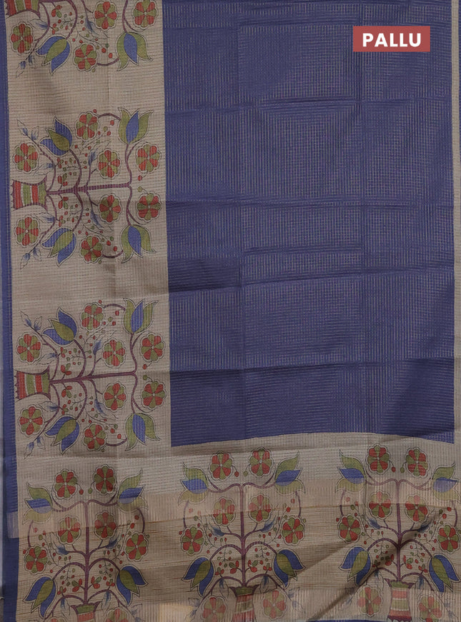 Chappa saree dark blue and beige with allover small zari checked pattern and floral digital printed pallu