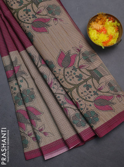 Chappa saree dark magenta pink and beige with allover small zari checked pattern and floral digital printed pallu