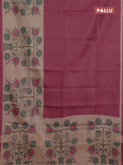 Chappa saree dark magenta pink and beige with allover small zari checked pattern and floral digital printed pallu