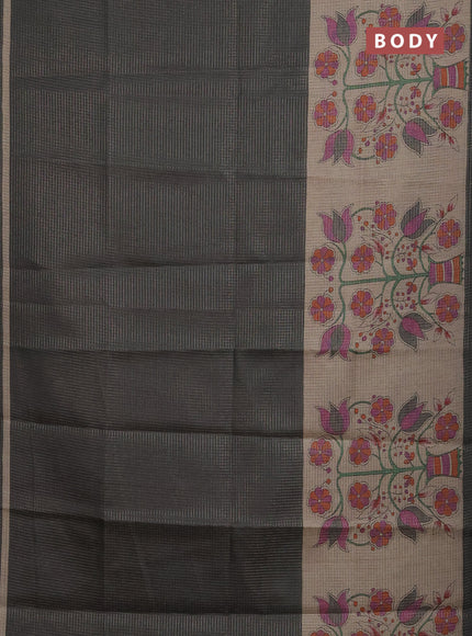 Chappa saree grey and beige with allover small zari checked pattern and floral digital printed pallu