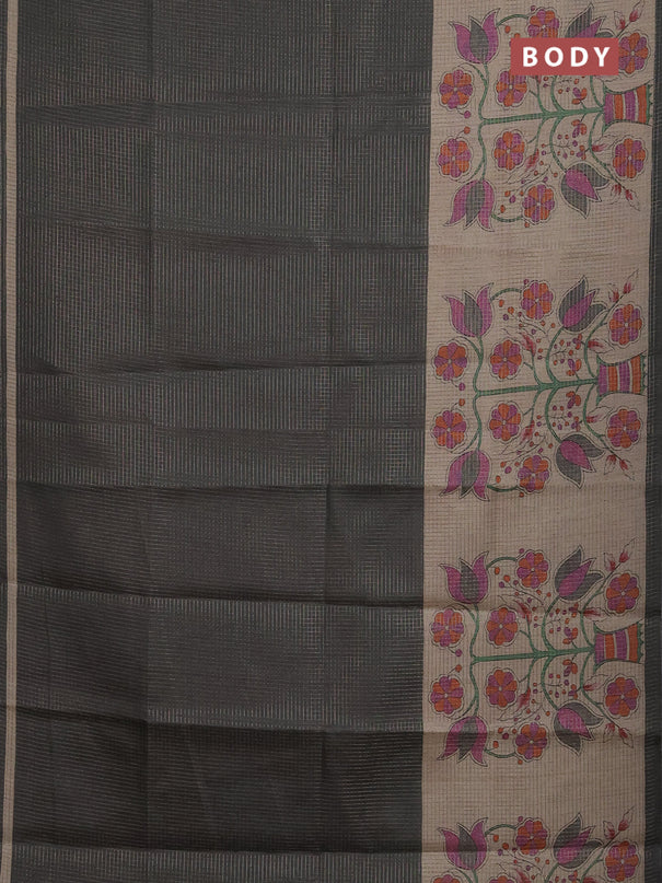 Chappa saree grey and beige with allover small zari checked pattern and floral digital printed pallu