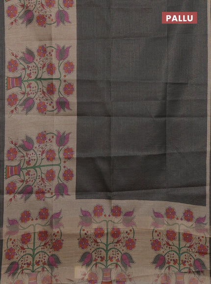 Chappa saree grey and beige with allover small zari checked pattern and floral digital printed pallu