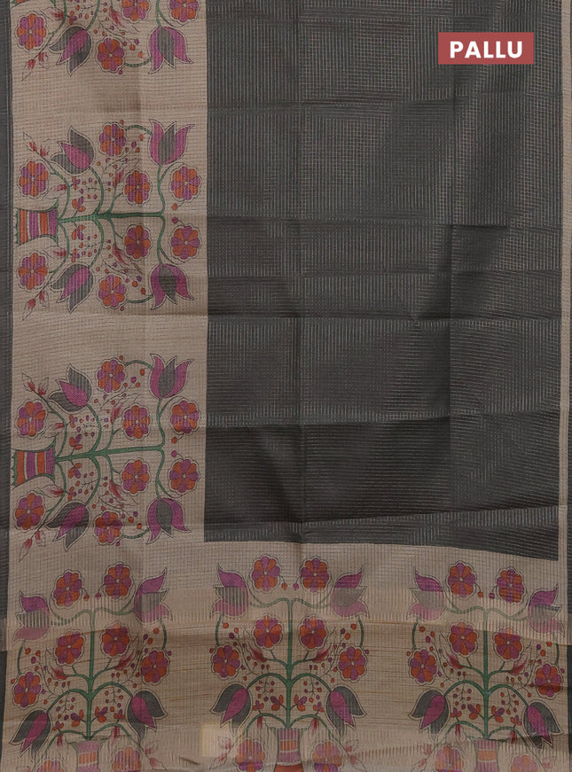 Chappa saree grey and beige with allover small zari checked pattern and floral digital printed pallu