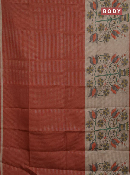 Chappa saree rustic orange and beige with allover small zari checked pattern and floral digital printed pallu