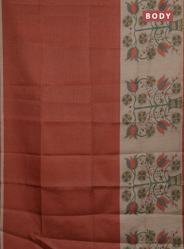 Chappa saree rustic orange and beige with allover small zari checked pattern and floral digital printed pallu