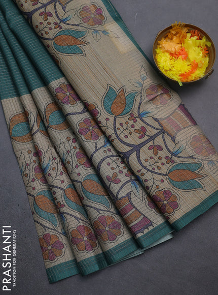 Chappa saree peacock green and beige with allover small zari checked pattern and floral digital printed pallu