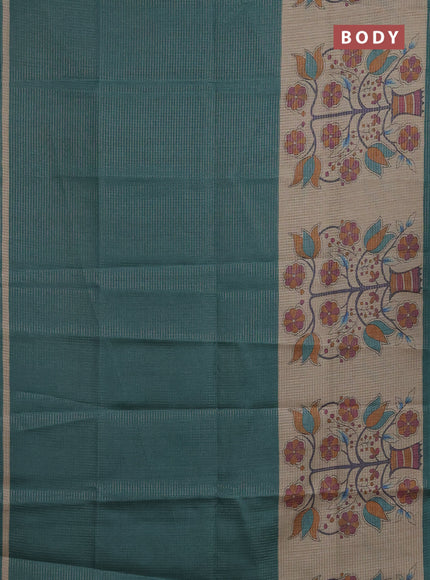 Chappa saree peacock green and beige with allover small zari checked pattern and floral digital printed pallu