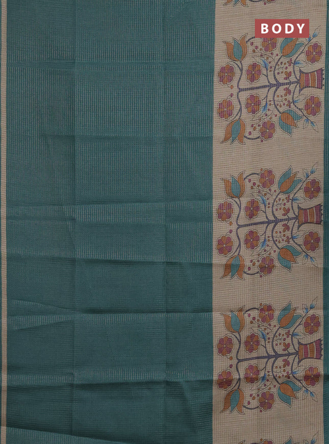 Chappa saree peacock green and beige with allover small zari checked pattern and floral digital printed pallu