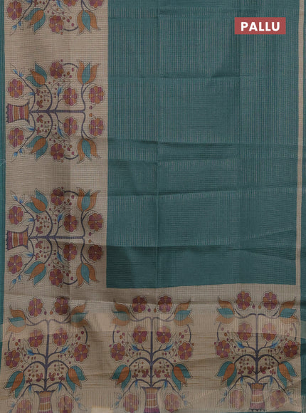 Chappa saree peacock green and beige with allover small zari checked pattern and floral digital printed pallu