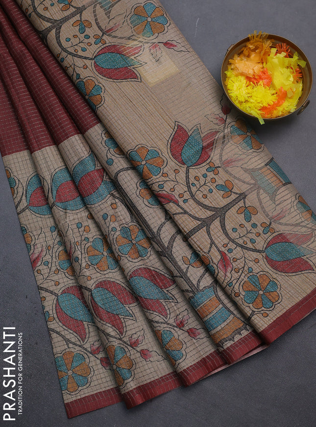 Chappa saree deep maroon and beige with allover small zari checked pattern and floral digital printed pallu