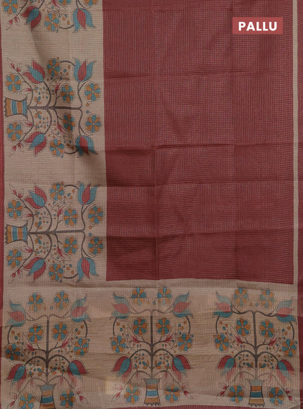 Chappa saree deep maroon and beige with allover small zari checked pattern and floral digital printed pallu