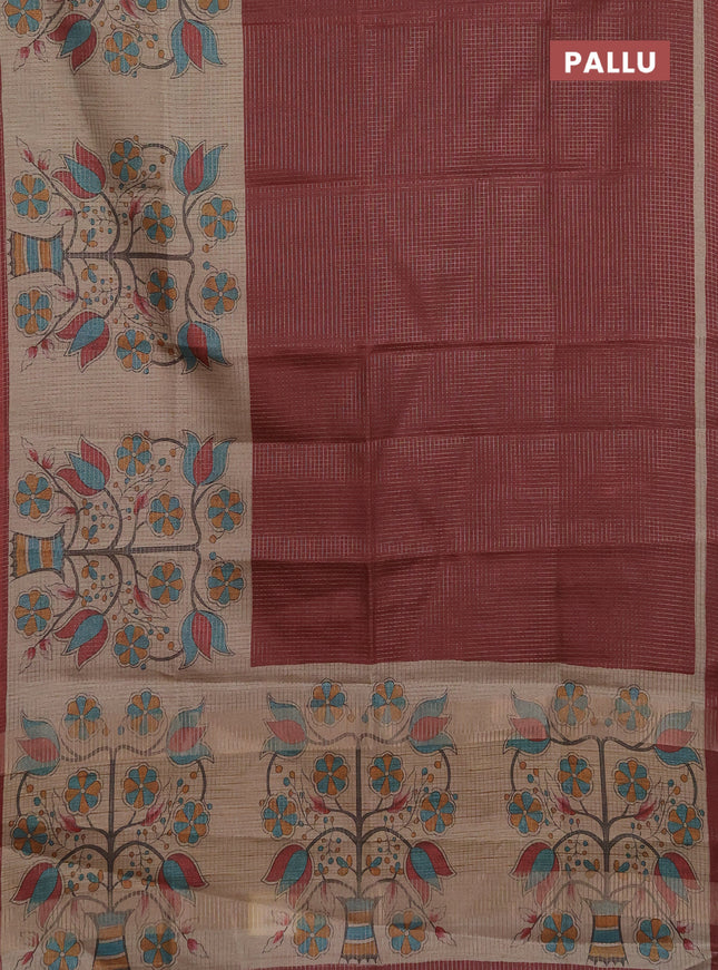 Chappa saree deep maroon and beige with allover small zari checked pattern and floral digital printed pallu