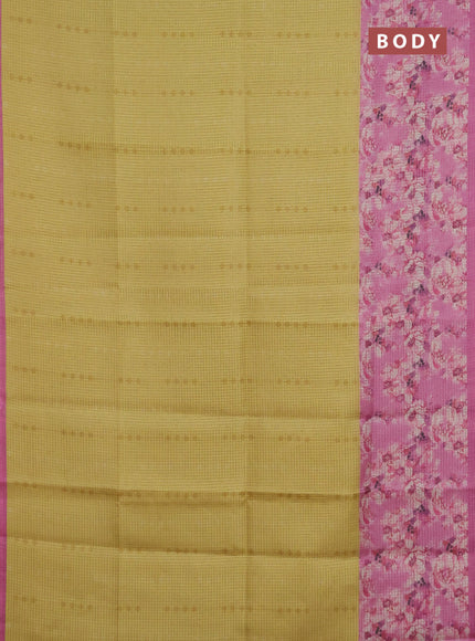 Chappa saree yellow and pink with allover small zari checked pattern and floral digital printed pallu