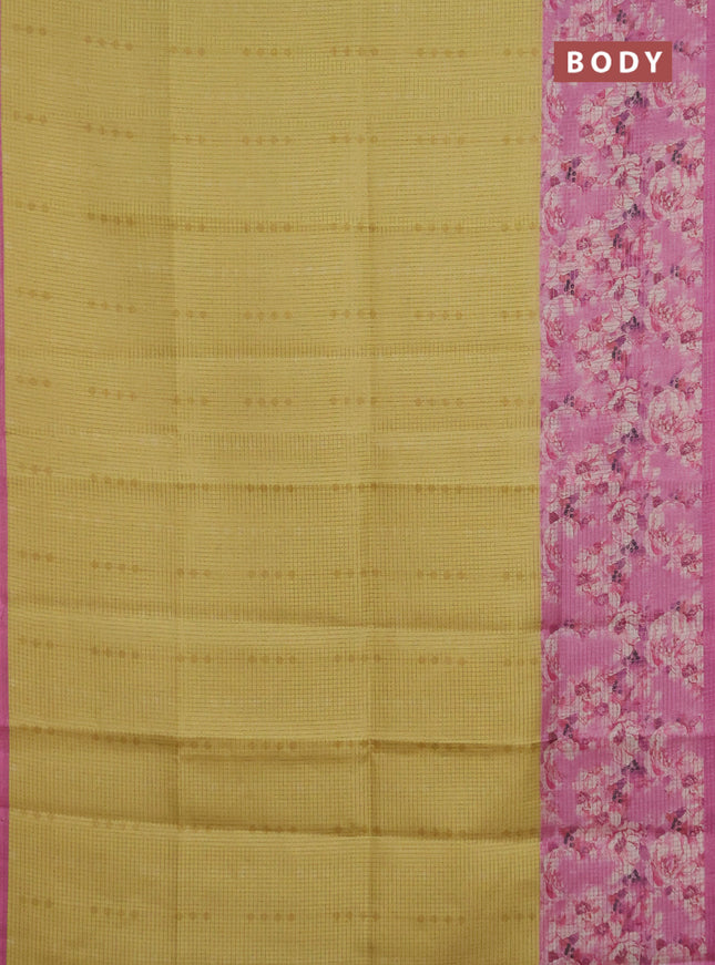 Chappa saree yellow and pink with allover small zari checked pattern and floral digital printed pallu