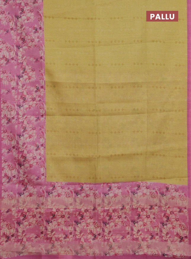 Chappa saree yellow and pink with allover small zari checked pattern and floral digital printed pallu