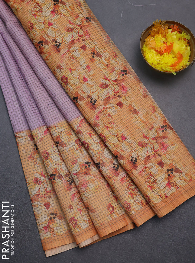 Chappa saree lavender and pale orange with allover small zari checked pattern and floral digital printed pallu