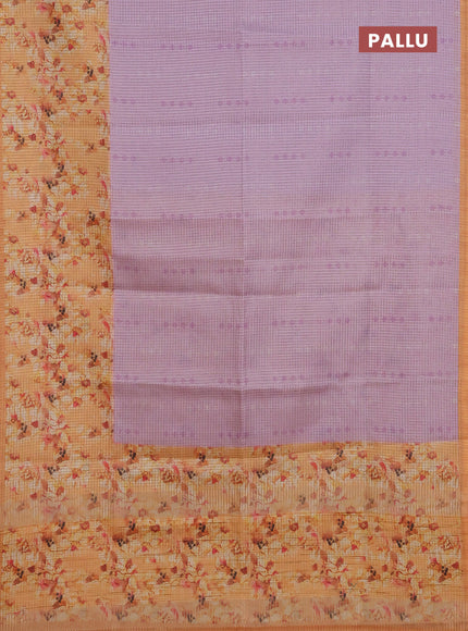 Chappa saree lavender and pale orange with allover small zari checked pattern and floral digital printed pallu