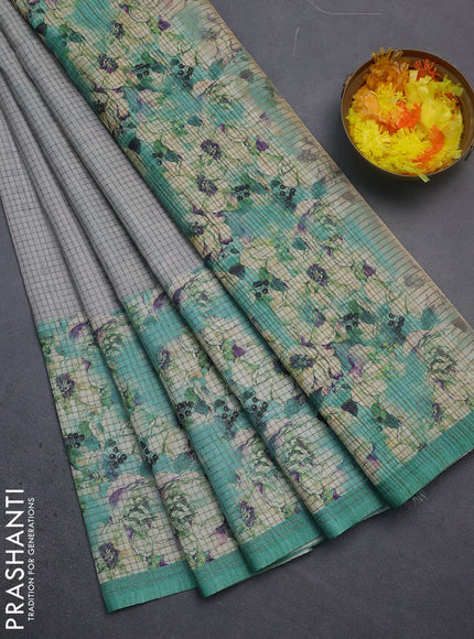 Chappa saree pastel grey and teal green with allover small zari checked pattern and floral digital printed pallu