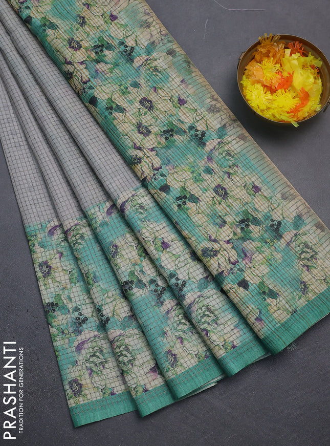 Chappa saree pastel grey and teal green with allover small zari checked pattern and floral digital printed pallu