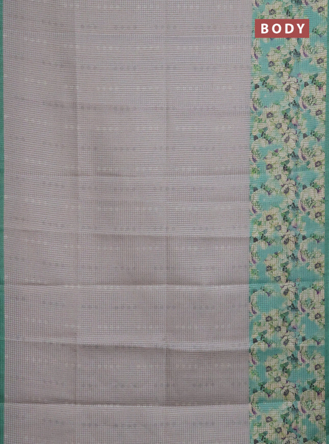 Chappa saree pastel grey and teal green with allover small zari checked pattern and floral digital printed pallu