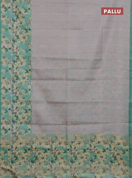 Chappa saree pastel grey and teal green with allover small zari checked pattern and floral digital printed pallu