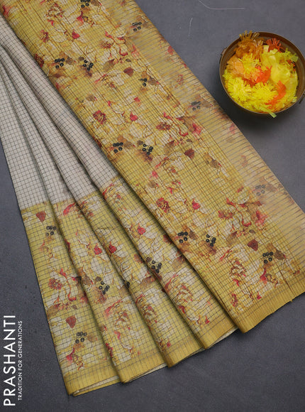 Chappa saree beige and pale yellow with allover small zari checked pattern and floral digital printed pallu