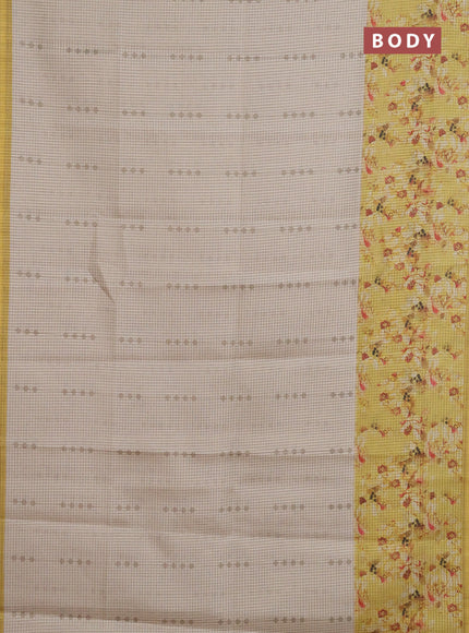Chappa saree beige and pale yellow with allover small zari checked pattern and floral digital printed pallu